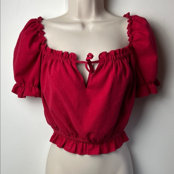 MINKPINK Tops - MINKPINK Hadley Red Peasant Milkmaid Puff Sleeve Crop Off Shoulder Prarie NWT